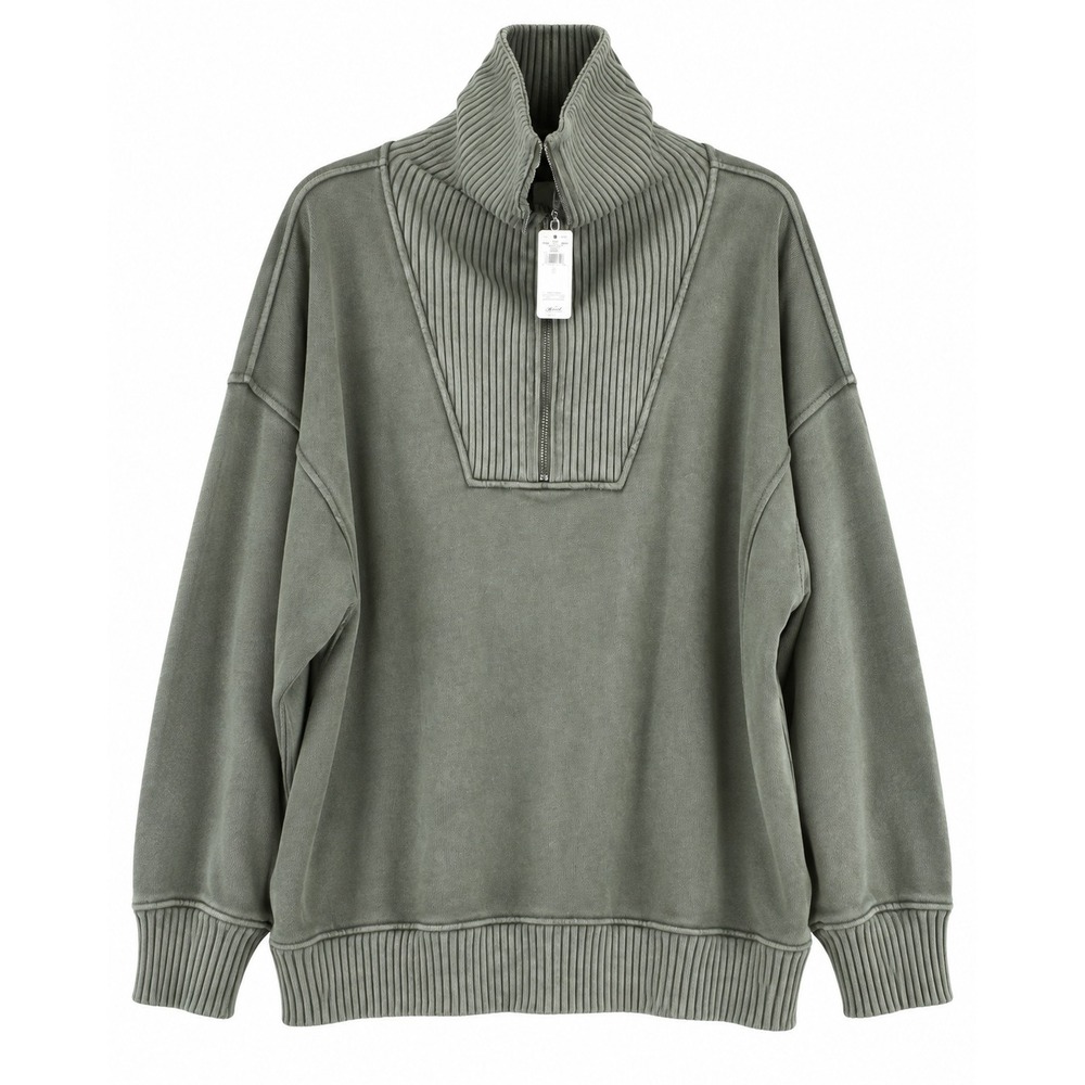 Aerie Oversized Quarter Zip Sweatshirt Olive Green Ribbed Bib Pullover Large